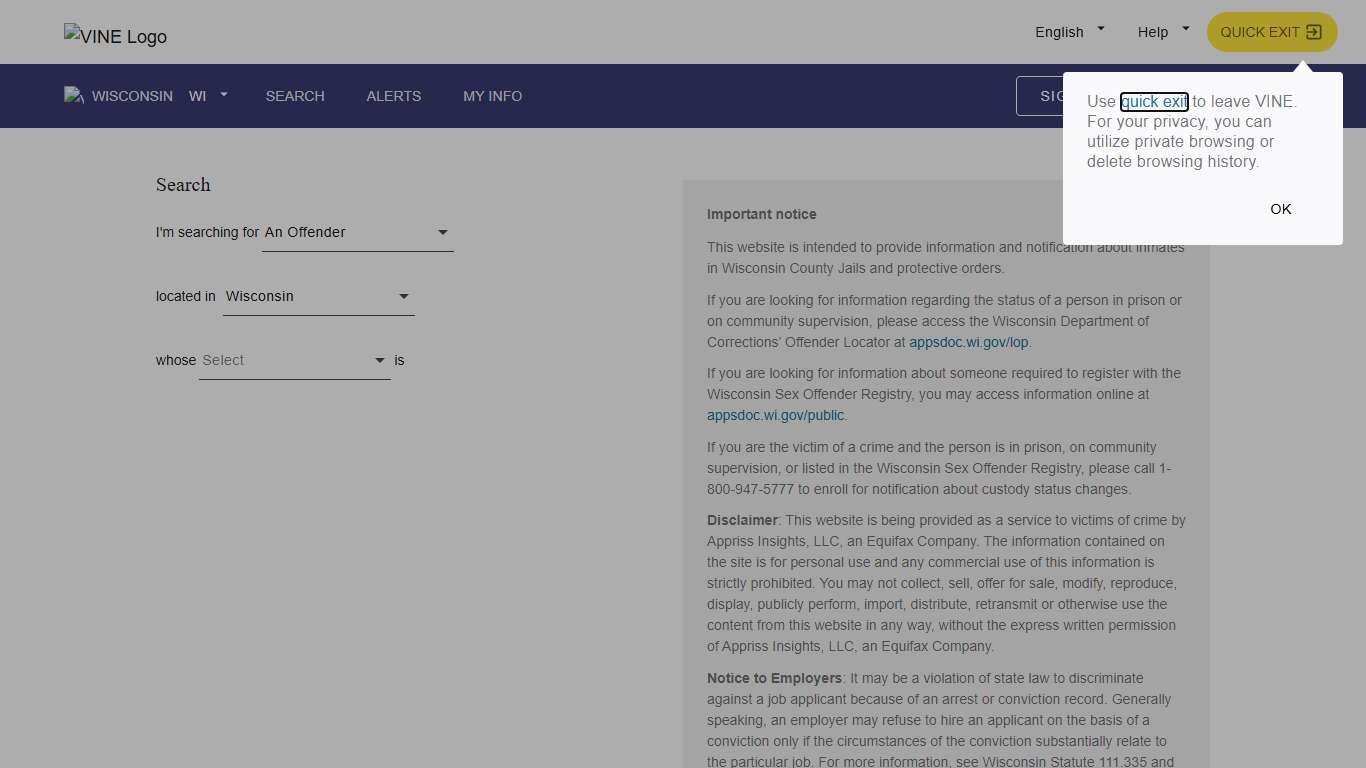 VINELink - Wisconsin - Search